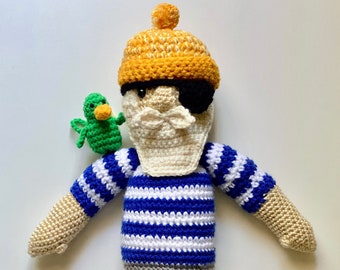 DIY Pattern / Crochet Sailor Doll with Parrot & Eye Patch / Pirate / Stuffed Toy / Nautical Decor / Nursery