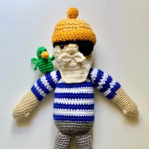 DIY Pattern / Crochet Sailor Doll with Parrot & Eye Patch / Pirate / Stuffed Toy / Nautical Decor / Nursery