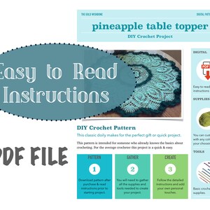 May include: A digital download pattern for a crochet pineapple table topper. The pattern includes easy to read instructions and is a quick and easy project. The image shows a green and blue crochet table topper, yarn, and crochet hooks.