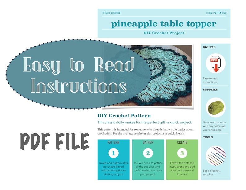 May include: A digital download pattern for a crochet pineapple table topper. The pattern includes easy to read instructions and is a quick and easy project. The image shows a green and blue crochet table topper, yarn, and crochet hooks.