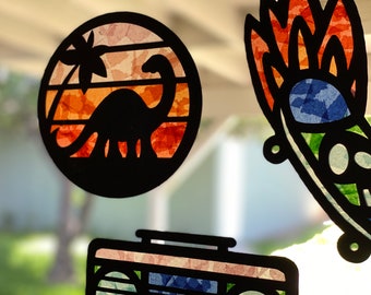 Paper Suncatcher DIY Kit - Kids Craft - Radical Retro Vibes - Easy Project - Dinosaur - Boombox - Skateboard -Mosaic - Stained Glass