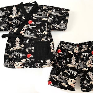Kimono Jinbei de piezas para niños pequeños, Ninja, negro