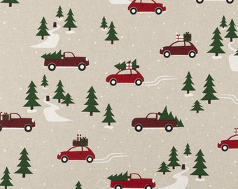 Christmas Car,  Home Decor Fabric, Linenlook fabric,  Fabric by the Yard, COTTON Fabric, Quilting Fabric