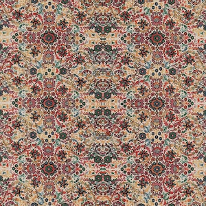 Puede incluir: Un patrón colorido e intrincado con un diseño repetitivo de flores y hojas. El patrón está en tonos de rojo, naranja, amarillo, verde, azul y negro. El fondo es de color crema claro.