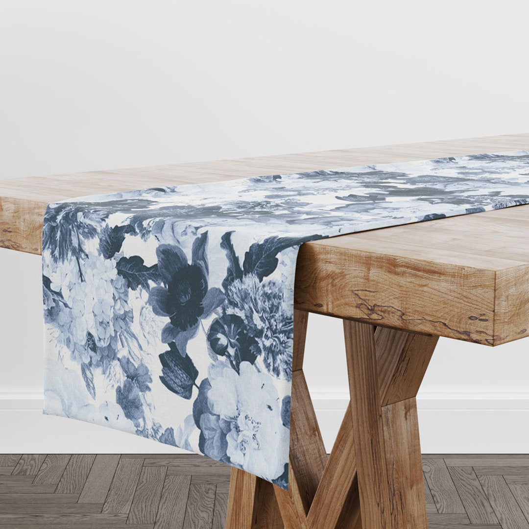 青い花柄のテーブルランナー、素朴なテーブルランナー、テーブル