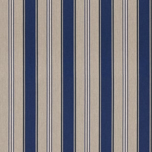 Op de afbeelding: Een gestreepte stof met afwisselende blauwe en beige strepen. De strepen zijn van verschillende breedtes.