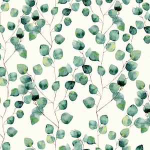 May include: A seamless pattern featuring watercolor illustrations of eucalyptus leaves in shades of green on a white background.