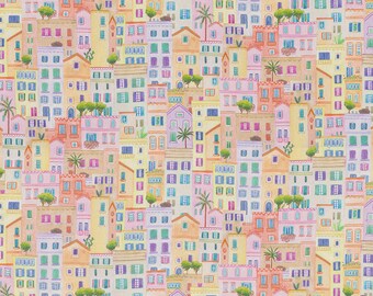 Colourful Happy Village fabric, per meter,  poplin fabric, Craft cotton, village Theme, fabrics per yard, DIY projects