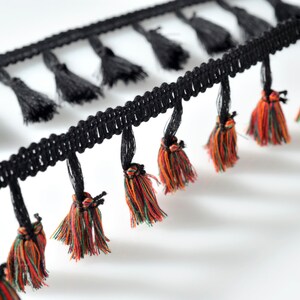 以下が含まれることがあります： 黒とマルチカラーのタッセルトリムで、黒い織り地ベース。タッセルは柔らかく、質感のある糸で作られています。