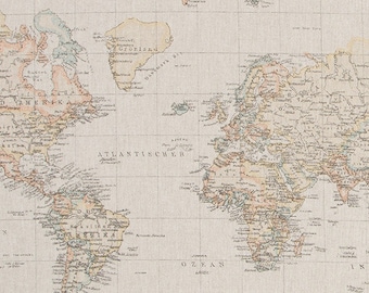 Map fabric, World Map, per meter,  Upholstery fabric, Home decor, Printed cotton, Craft cotton, vintage map, fabrics per yard, DIY projects
