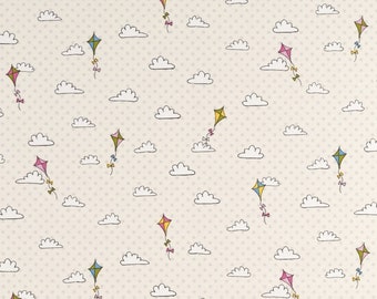 Kites and Clouds fabric, per meter,  Upholstery fabric, Home decor, Printed cotton, Party Theme, fabrics per yard, DIY projects