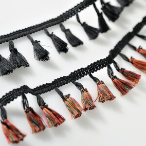 以下が含まれることがあります： 黒とマルチカラーのタッセルトリムで、織り込まれたコードベースが付いています。トリムにはタッセルの列が2列あり、1列は黒いタッセル、もう1列はマルチカラーのタッセルです。