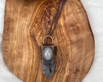 Tourmalinated quartz with moonstone electroformed necklace