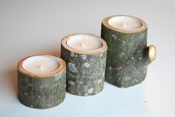 ideal as rustic Woodland wedding decor Tree Branch Candle Holders Set of 3 Wooden from natural wood