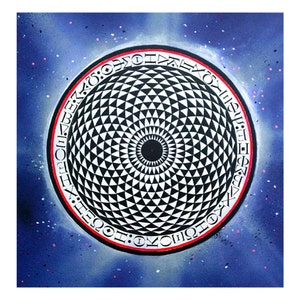May include: A black and white geometric pattern in the shape of a sphere surrounded by a red and white circle with text. The background is a blue and white splatter pattern.