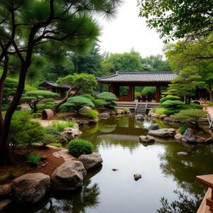 Könnte beinhalten: Eine ruhige japanische Gartenszene mit einem Teich, der eine traditionelle Holzstruktur mit einem Ziegeldach widerspiegelt. Üppige grüne Bäume und sorgfältig beschnittene Sträucher umgeben das Wasser, mit großen Felsen am Rand des Teichs.