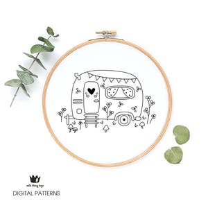 Caravan, camper van, cute whimsical, flowers, garden, house  sampler Digital hand embroidery pattern , PDF instant Download