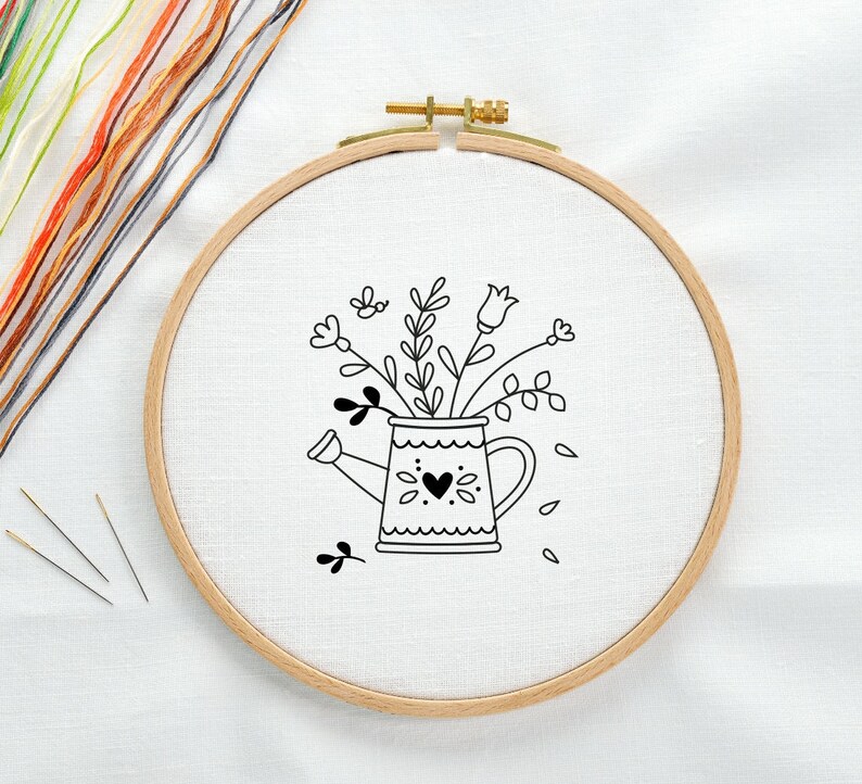 Watering Can Flowers Garden Whimsy Sampler Digital Hand Etsy