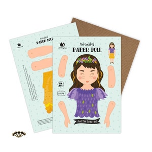Articulated paper toy, Avril the forest girl. Beautifully illustrated DIY toy ready for you to make.