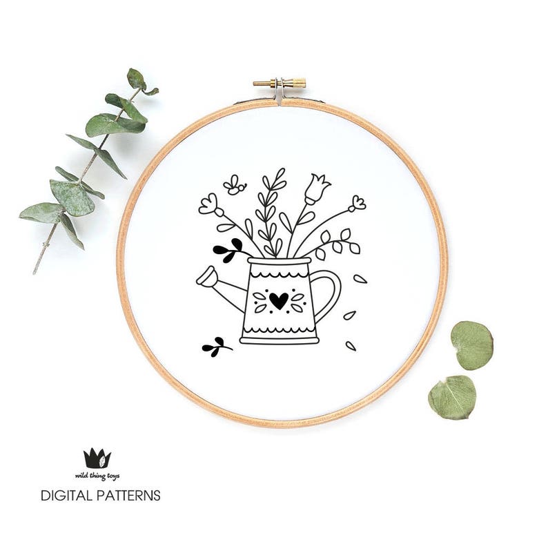 Watering Can Flowers Garden Whimsy Sampler Digital Hand Etsy