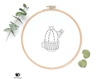 Cactus rétro, succulent, plante d'intérieur dans un échantillonneur de tasse Motif de broderie numérique à la main, PDF Téléchargement instantané