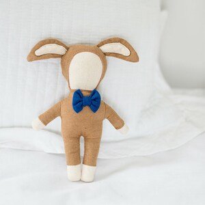 Fair Trade baby doll Rattle with blue bow, forest, woodland Waldorf soft toy
