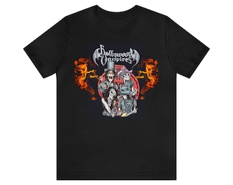 May include: Black t-shirt with a graphic of the band Hollywood Vampires. The design features skeletal figures in hats and coats, with flames either side of the band's name in a gothic font.
