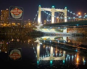 Grain Belt Sign with Hennepin Avenue Bridge Print - Minneapolis, Minnesota - Vintage (Pre Lit)