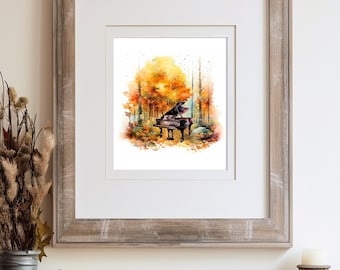 Autumn Serenade - Piano in the Forest Digital Watercolor Painting (Instant Download)