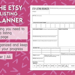 Puede incluir: Un planificador de listados de Etsy rosa y blanco con el texto "THE ETSY LISTING PLANNER". El planificador incluye secciones para detalles del producto, lluvia de ideas de títulos, fotos de listado, lluvia de ideas de video, descripción del producto y etiquetas de búsqueda.