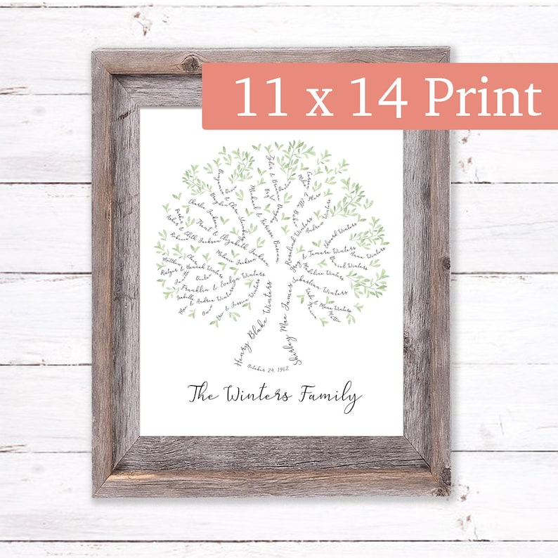 Pu&ograve; includere: Una stampa incorniciata di un albero genealogico con foglie verdi e il testo "The Winters Family" in basso. La stampa misura 28 x 36 cm.