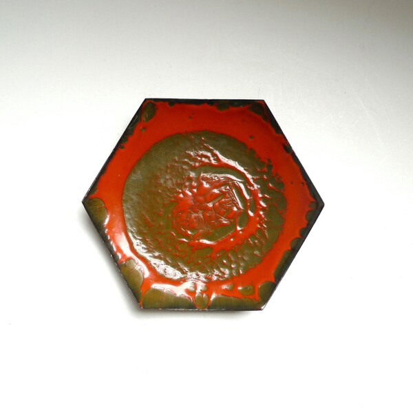 Hanova of Pasadena Dish, Vintage Enamel Dish, Red and Green, Style 42T, Brutalist Enamel