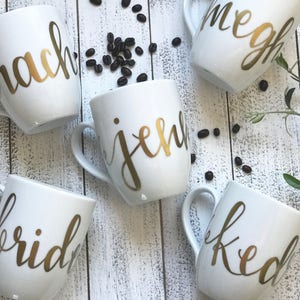 personalized mugs . bridesmaid gifts . personalized mug . modern gold calligraphy . bridesmaid mugs .