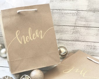 Personalized Kraft Gift Bag, Golden Calligraphy, Holiday Favor
