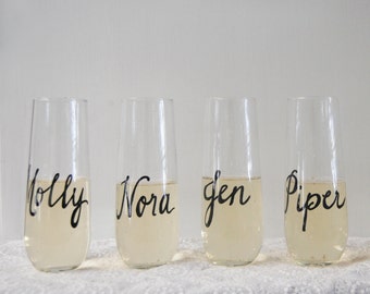 stemless champagne flute with personalized name in hand written calligraphy