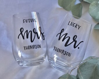 mr. & mrs. stemless glasses . custom engagement gift . bridal shower gift . personalized engagement glasses .