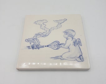 Hand-Painted Cherub Tile, Aged, Crazed Surface, Delft Style, Blue, White, Bellow,Hearts, Reproduction, Ceramic, Trivet or Wall Install Ready