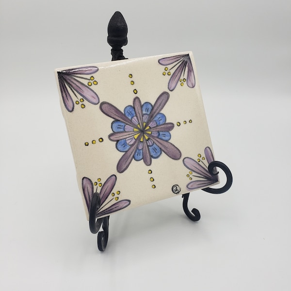 Reproduction, Hand-Painted Tile, Floral Motif, Lavender, Purple, Yellow, Blue, White, Ceramic, Trivet, Wall or Floor Installation Ready