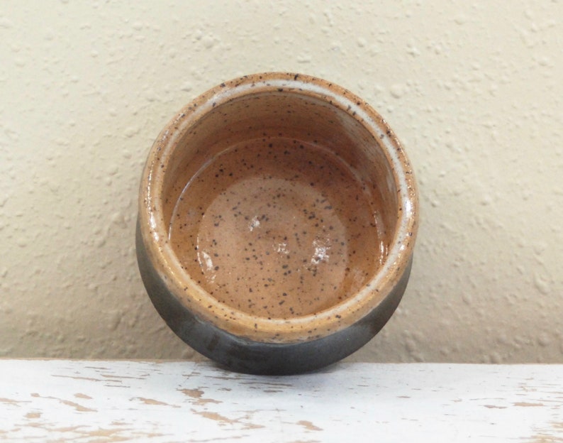 Stoneware Candy Dish Tan Wheel thrown Ceramic Tea Bowl Caramel Brown and Dark Green Succulent Pot Serving Brown