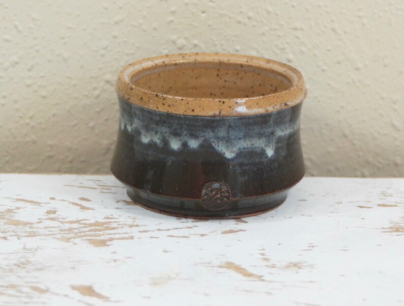 Stoneware Candy Dish Tan Wheel thrown Ceramic Tea Bowl Caramel Brown and Dark Green Succulent Pot Serving Brown