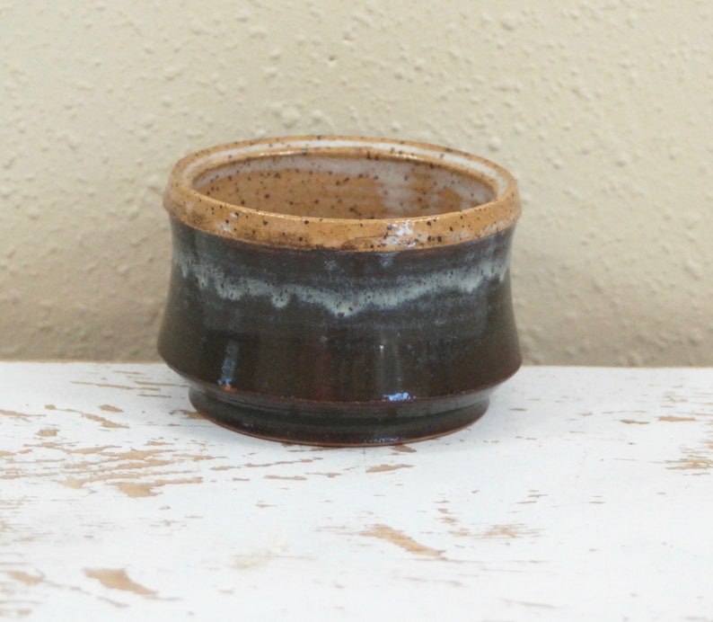 Stoneware Candy Dish Tan Wheel thrown Ceramic Tea Bowl Caramel Brown and Dark Green Succulent Pot Serving Brown