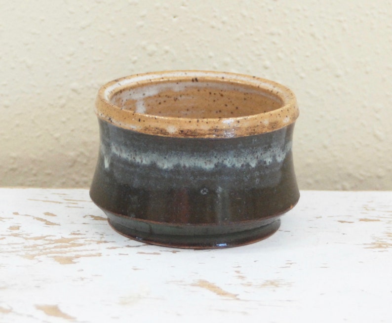 Stoneware Candy Dish Tan Wheel thrown Ceramic Tea Bowl Caramel Brown and Dark Green Succulent Pot Serving Brown