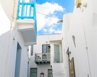 Mykonos Streets White and Blue Paint - Greece - Greek Island - Landscape Photography - Large Format Prints Architecture - Wall Art - Town
