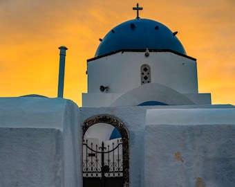 Sunset over Santorini Church - Oia - Greek Islands - Landscape Photography - Greece  - Mediterranean - White - Large Format Print - Fine Art