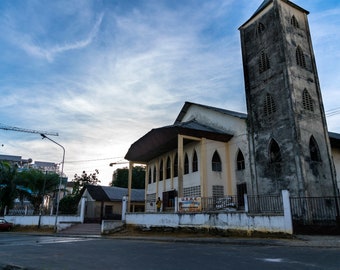 Church Douala Cameroon - Africa - Sunset - Architecture - Cityscape - Photography - Street - Bell Tower - Clouds - Large Format - Fine Art