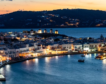 Mykonos Town Sunset - Greece - Harbor - Sea - Street Lights - Boats - Greek Island - Landscape Photography - Large Format Prints - Wall Art