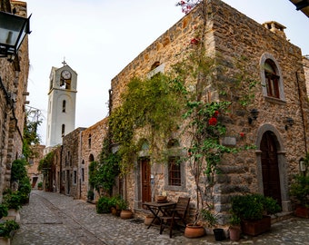 Mesta Bell Tower in Chios Greece - Alleyway - Architecture - Island - Landscape Photography - Flowers - Village - Art - Large Format Prints