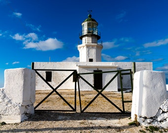 Armenistis Lighthouse Gates - Mykonos Greece - Greek Island - Landscape Photography - Large Format Prints - Wall Art - Blue Sky - Sunset