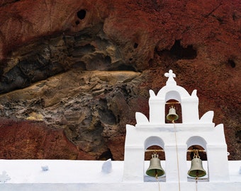 White Church against Red Lava Rock - Oia - Greek Islands - Landscape Photography - Greece  - Mediterranean - Large Format Print - Fine Art