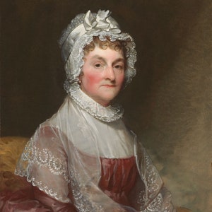 May include: A portrait painting of a woman wearing a white lace cap and a burgundy dress. She has a soft, gentle expression and her hair is pulled back from her face.